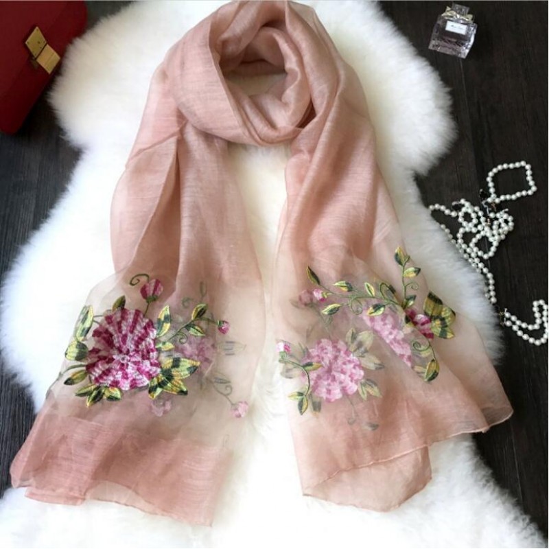 Wool Silk Scaves Black Embroidery Women Summer Scarf